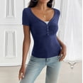 thumbnail image 5 of FRSASU Womens Short Sleeve Shirts V Neck Rib Knit Slim Fit Tops Casual Stretch Basic Tee Going Out Top Summer Fashion Blue, 5 of 6