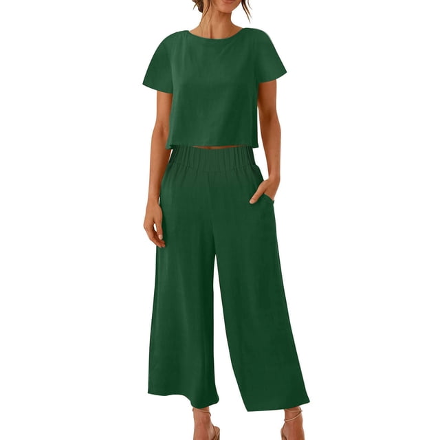 zanvin Ensembles 2 Pcs pour Femmes, Ensembles Assortis d'Été 2 Pcs pour Détente pour Femmes, Tenues Unies en Lin, Hauts à Col Rond à Manches Courtes et Pantalons Longs, Survêtements