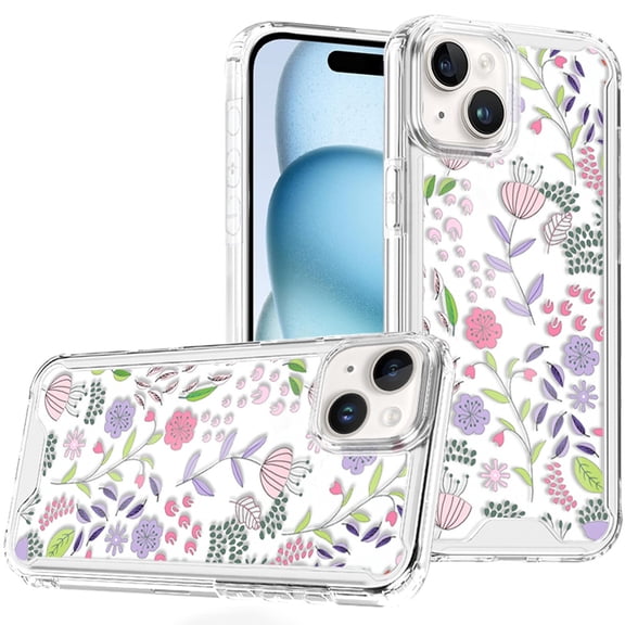 For iPhone 15 Beautiful TPU Designs Case Case - Purple and Green Wildflowers