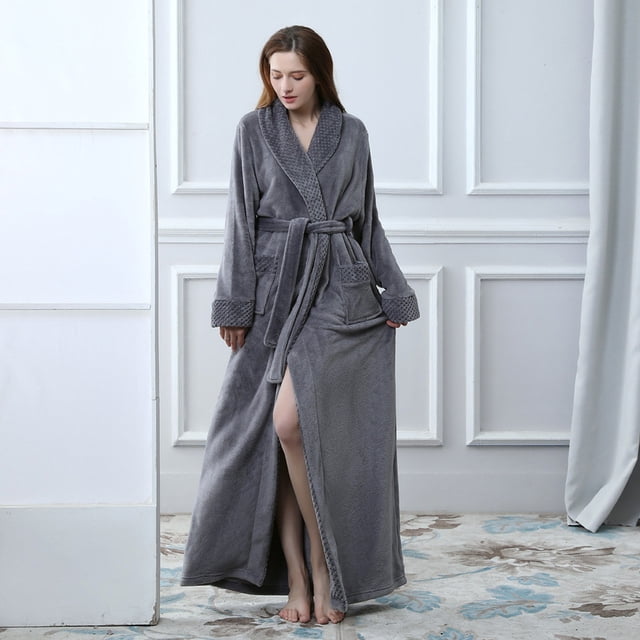 Intimates Women's Winter Solid Color Lengthened Bathrobe Splicing Home Clothes Long Sleeved Robe Coat M