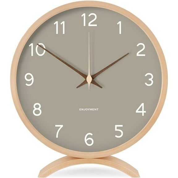 8 Inch Wooden Table Clock - Silent Non-Ticking Desk Clock for Living Room, Office & Bedroom Decor, Large Modern Timepiece (Grey)
