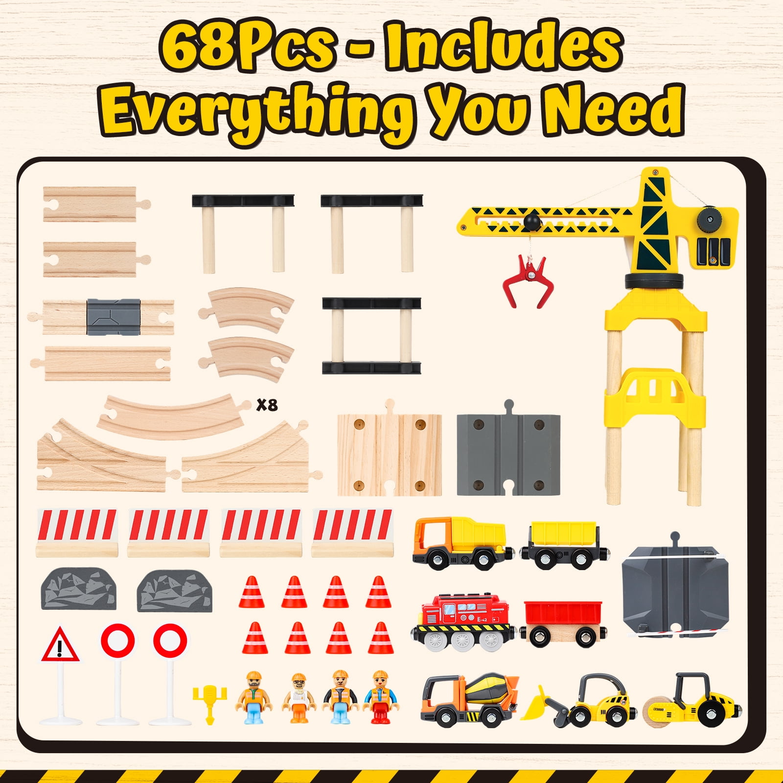 Train Set, 68 PCS Wooden Train Set for Kids, Train Toys for Toddlers, Construction Toys Train with Train Tracks for Kids 2 3 4 5+ Years Old, Great Gift for Boys Girls - Compatible with Other Brands