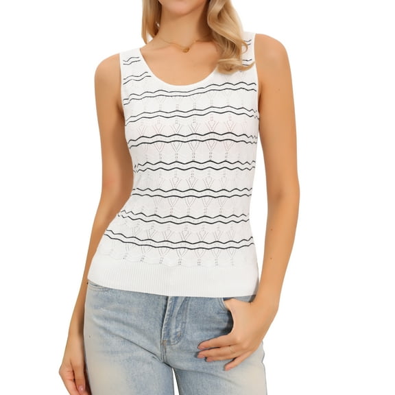 INSPIRE CHIC Tank Top for Women's Striped Sleeveless Vest Round Neck Knit Summer Casual Cami Tops XS White