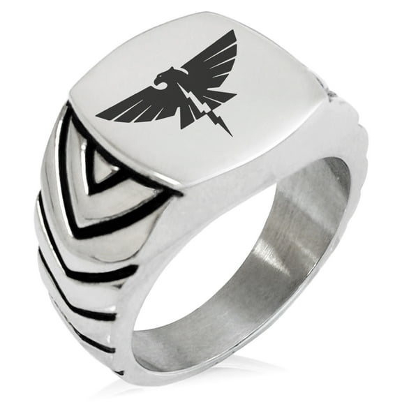 Stainless Steel Zeus Greek God of Sky Chevron Pattern Biker Style Polished Ring