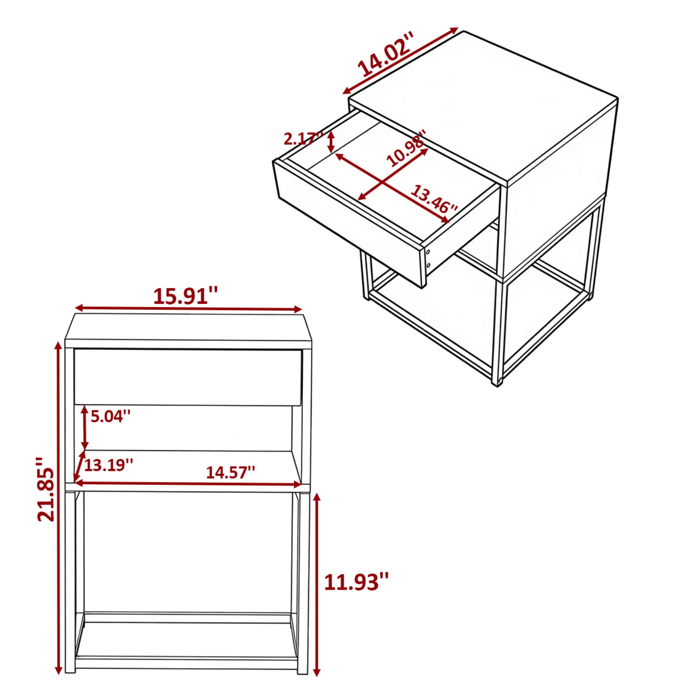 BSHTI 15.91" Nightstand with Drawer and Storage Shelf, MDF with Metal Legs, Modern Side Table for Bedroom Living Room Small Space,Black