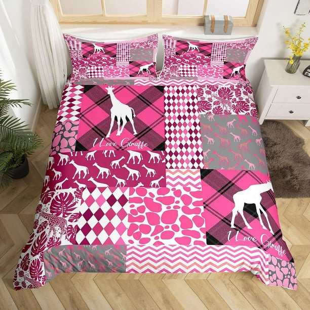 Jirafa Funda de edredón Rosa Animal Print Juego de Cama, Edredón Patchwork Geométrico