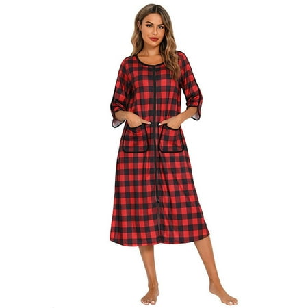 

Women Zipper Robe Short Sleeve House Dress Full Length Sleepwear Duster Housecoat with Pockets S-2XL