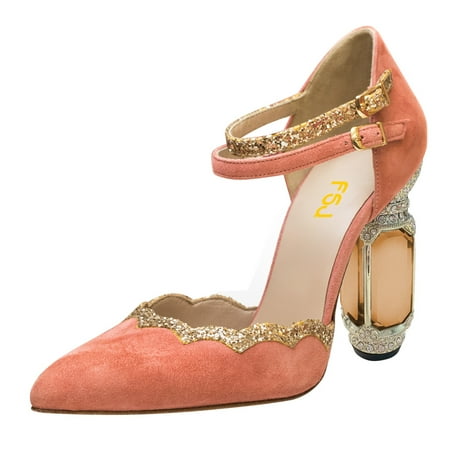 FSJ Women Sexy Crystal Sturdy Block High Heels Pumps Pointed Closed Toe Ankle Strap Adjustable Double Buckle Strap D Orsay Sandals Party Wedding Shoes Size 6.5 Coral