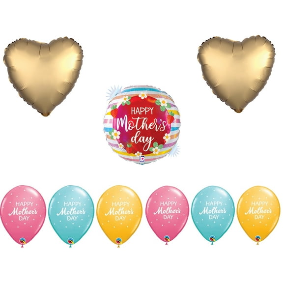 LOONBALLOON Mother's Day Theme Balloon Set, Mother's Day Opal Holographic Strawberries Balloon, Heart Foil and 6x Latex Balloons