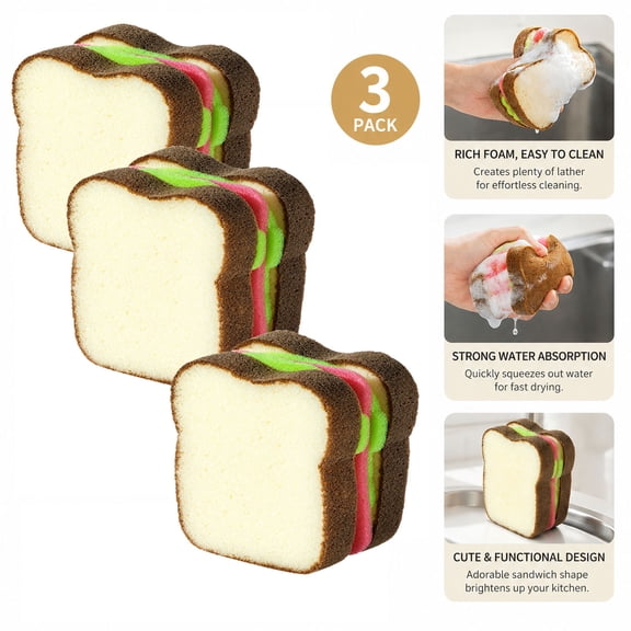 3 Pcs Heavy Duty Scrub Sponges, Cute Toast Shaped Kitchen Cleaning Sponges, Thickened Non-Scratch Dish Scrubber for Pot, Pan, and Countertop, Deep Cleaning Multi-Use Household Cleaning Tools