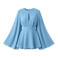 thumbnail image 4 of Karymi Solid Satin Romper Dress, Crew Neck Front Keyhole Cutout Bell Long Sleeve A-Line Mini Dress with Adjustable Self Tie Waist Layered Hem Wedding Guest Dresses for Women, 4 of 9