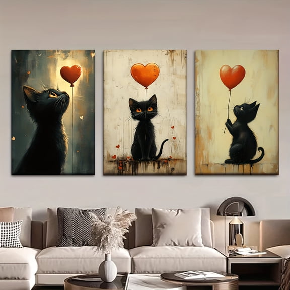 3pcs/Set, Canvas Painting--Unframed, Heart-Shaped Balloons And Kittens, Posters And Prints, Living Room, Library, Office, Cafe, Bar, Abstract Art, Perfect Birthday, Holiday Gift, Valentine'S Day, Ea