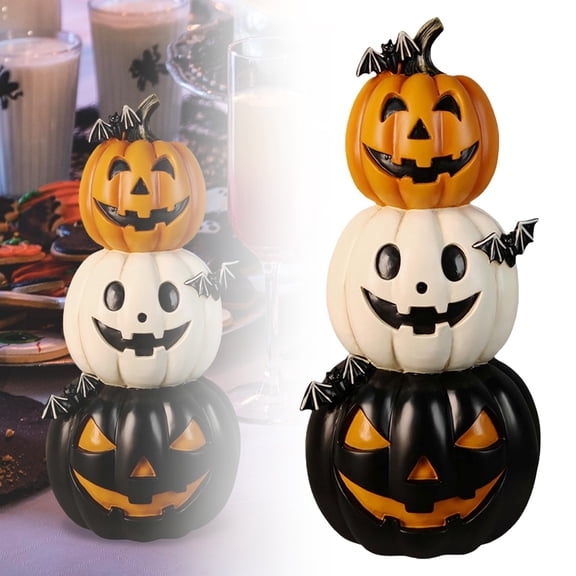Clearance Under $9.98! 1 Pack Resin Stacked Pumpkin Statue, Black White Orange 3-Tier Halloween Decor
