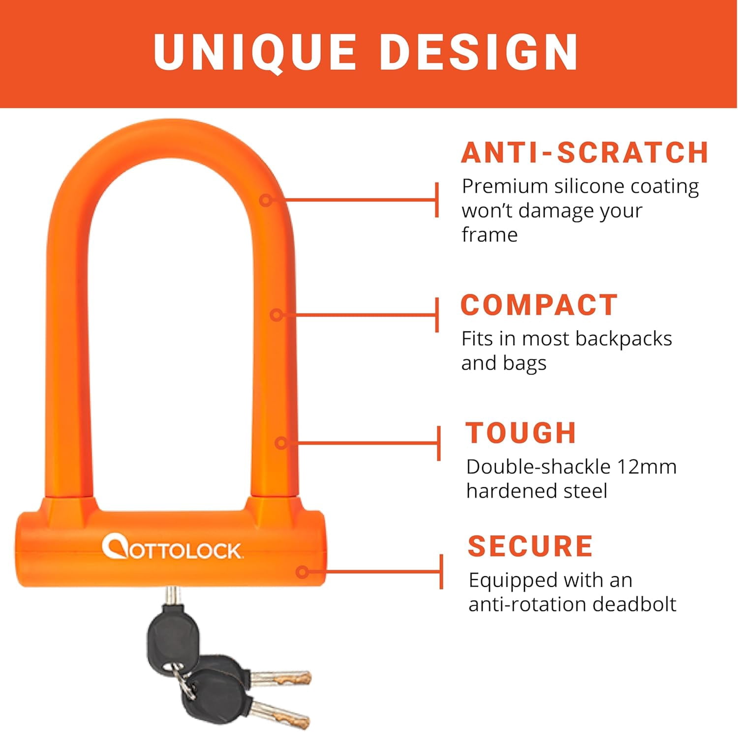 Compact U-Lock and Cable Bundle - Heavy Duty Anti Theft Bicycle U-Lock with Keys, Silicone-Coated, Bike Accessories, Orange
