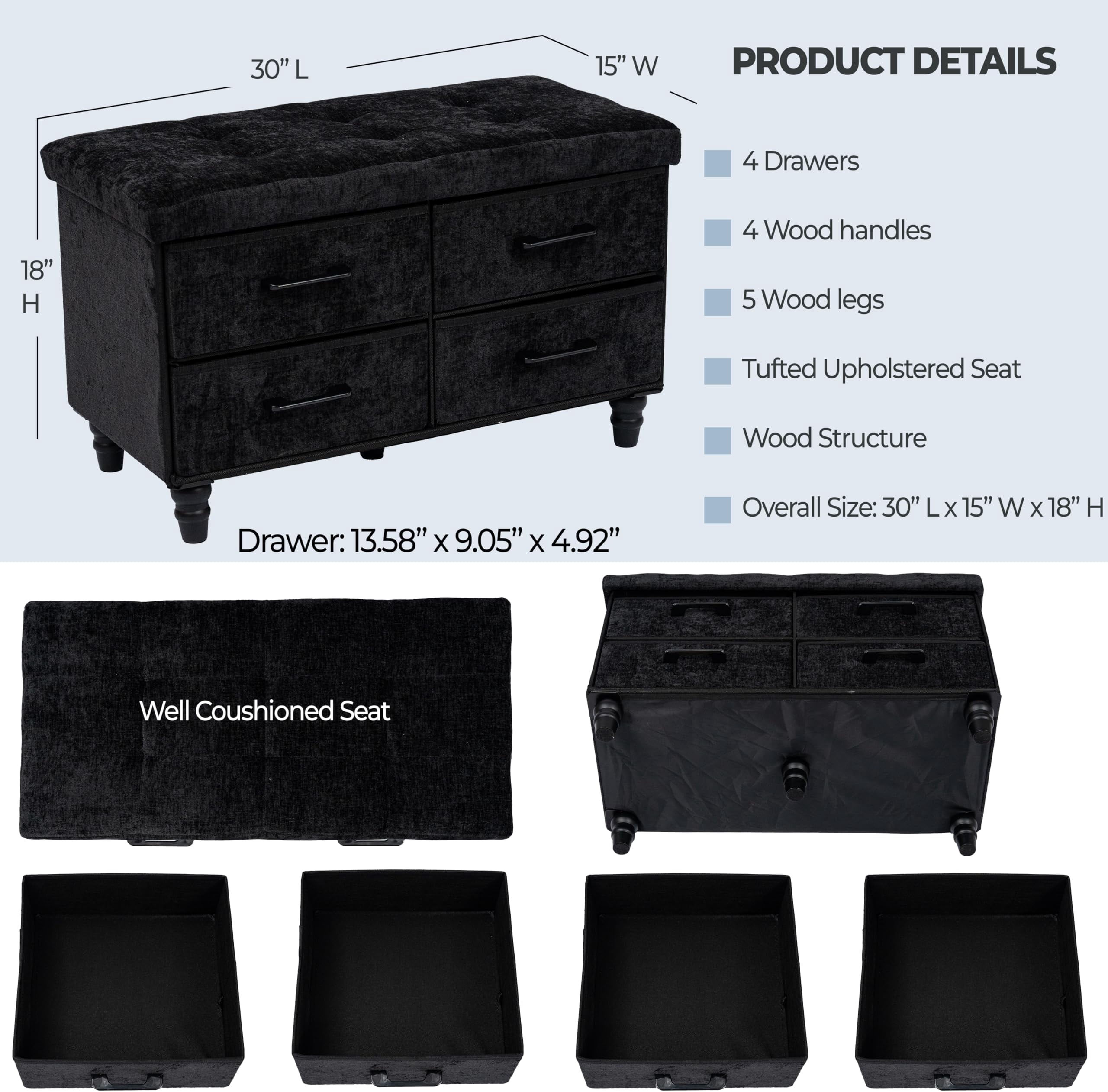 Aria Home 30" Modern Storage Ottoman Bench with 4 Drawers, MDF & Fabric, Black