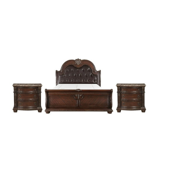 Classic Vintage Style Luxury 3pc Set Brown Cherry Finish Queen Size Bed and Nightstands Bedroom Furniture
