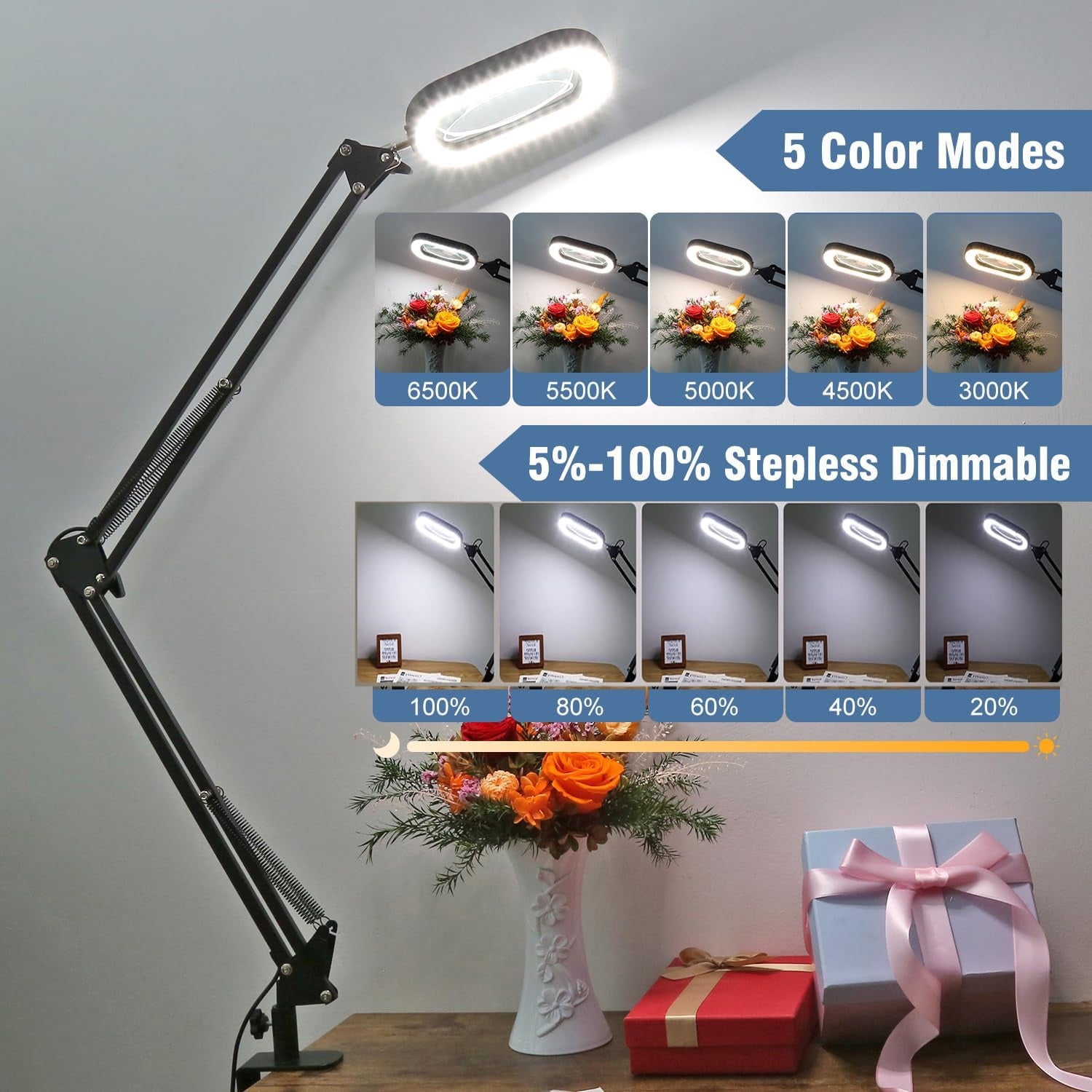 Large Magnifying Glass with Light and Clamp,  Optical Glass Lens, 5 Color Modes, Stepless Dimmable, LED 2*14 Inch Swing Arm Lighted Magnifier Hands Free for Crafts, Reading