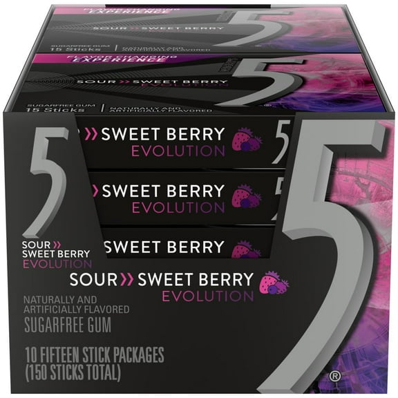5 GUM Evolution Sour AIF9 to Sweet Berry Flavor Changing Sugar Free Chewing Gum, 15-Stick Pack, 10 Count