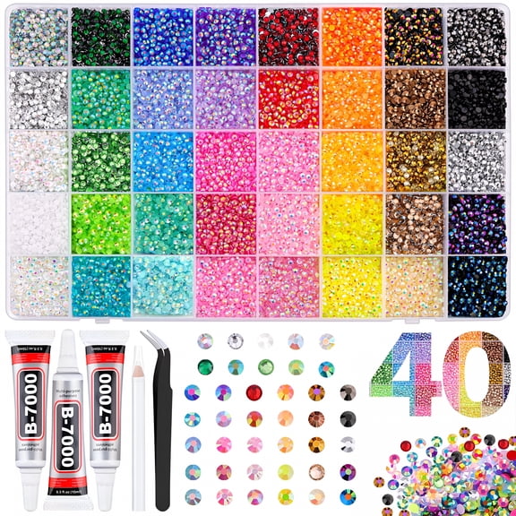 DESIGNICE 40000Pcs 40 Colors Jelly Rhinestones for Bedazzling, 3mm Multicolor Resin Flatback Gems for Diamond Art, Bedazzler Kit with 3Pcs 10ml Jewelry Glue for Crafting Book Shoes Nail Art