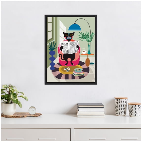 Kate and Laurel Black Cat Reading Newspaper Framed Canvas Wall Art by Rachel Lee 18 x 24 Sylvie Black, MidCentury, Abstract, Animals Art for Wall Decor, Living Room, Bedroom