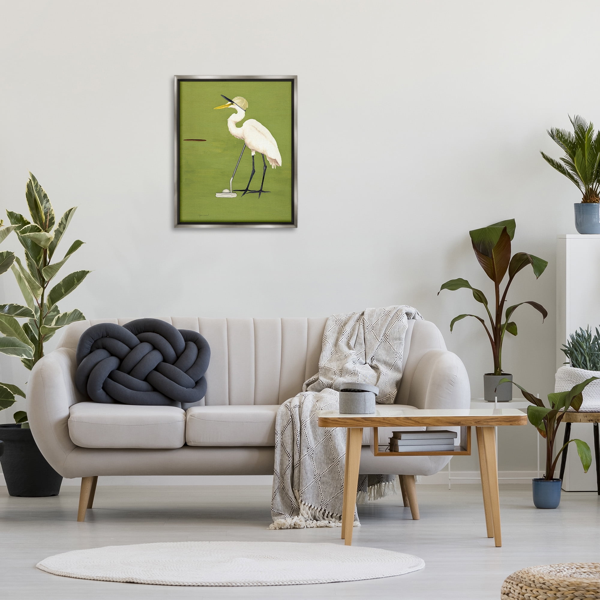 Stupell Industries Golfing Heron Bird Animals & Insects Painting Gray Floater Framed Canvas Art Print Wall Art, 25 x 31