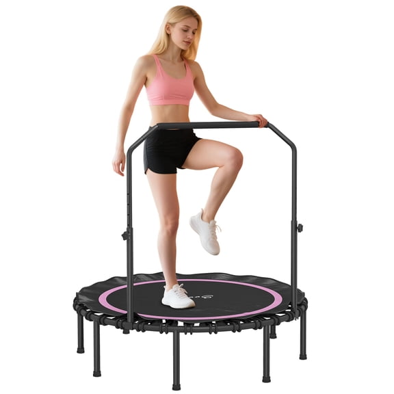 Dranite 48" Foldable Mini Trampoline for Adults with Adjustable Handle Bar, Indoor/Outdoor Rebounder, Pink