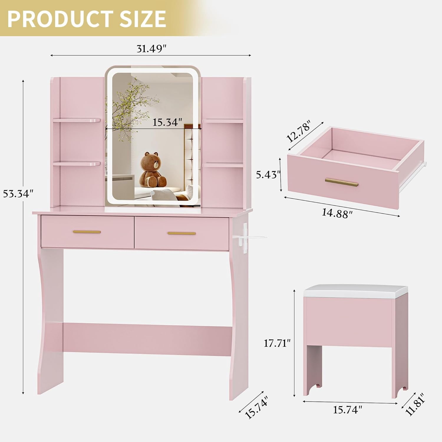 FANRAL Vanity Set with Mirror and Lights,31.5" Small Vanity Bedroom Vanity Desk,Makeup Vanity with Chair & Drawers & Power Outlet,Pink Vanity