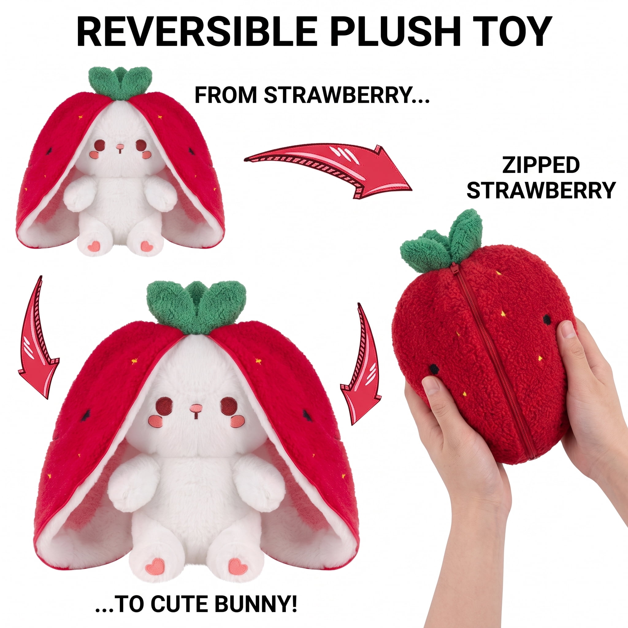 Kawaii Squishy Cute Easter Bunny Plush Turn Into Rabbit Fruit Doll Carrot Strawberry Pillow, Plushies Funny Bunny Toy for Baby