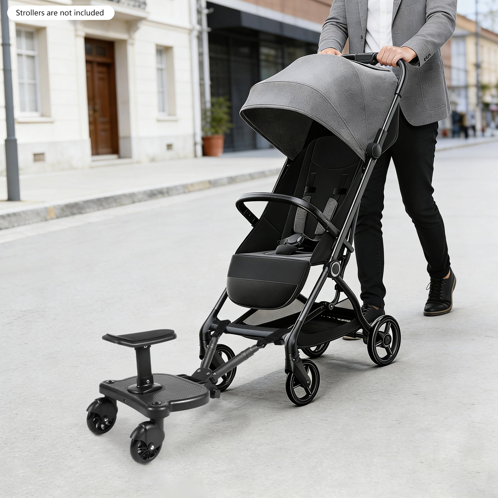 Universal Stroller Board, 2-in-1 Sitting Standing Stroller Rider Board with Detachable Seat Pram Pedal Adapter for Most Strollers, Holds Children Up to 55Lbs 3-7 Years