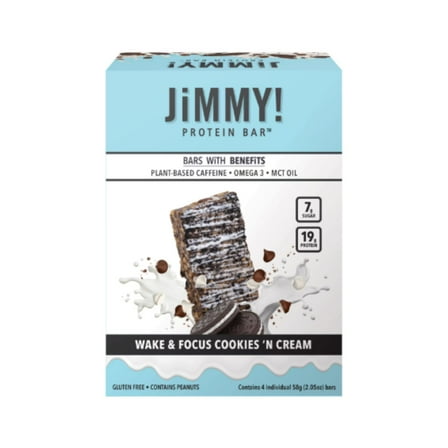JiMMYBAR! Wake & Focus Protein Bar Cookies 'N Cream, 4 Pack