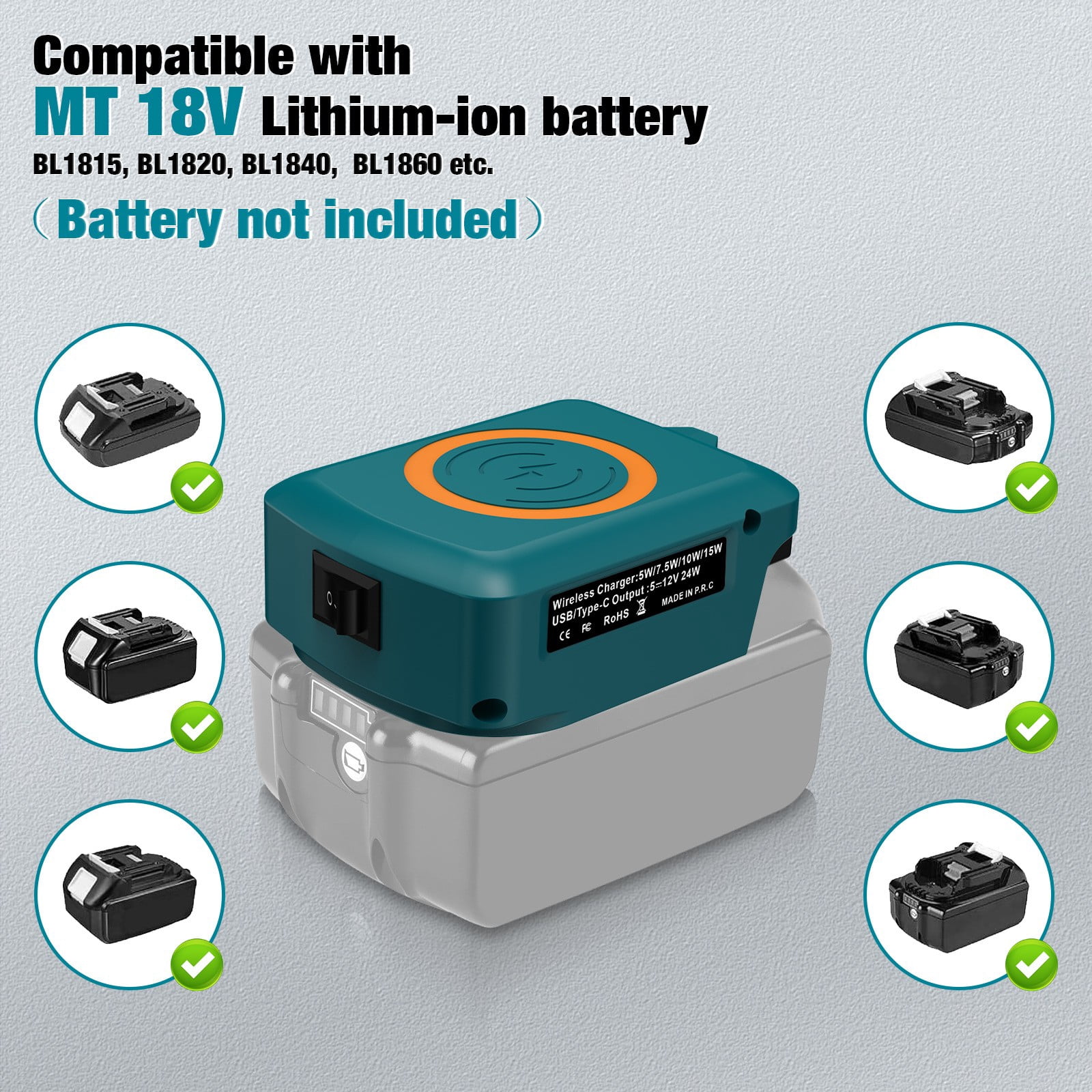 yaaqii 15W Mobile Phone Wireless Charger Adapter for BL1830 BL1815 BL1840 18V Battery