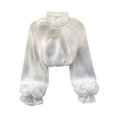 thumbnail image 3 of Women's Loose Fit Round Neck Long Sleeve Chiffon Blouse Shirt Comfy Flowy Dressy Work Office Outfits Casual Daily Wear | CSEONE,White Free Size, 3 of 7