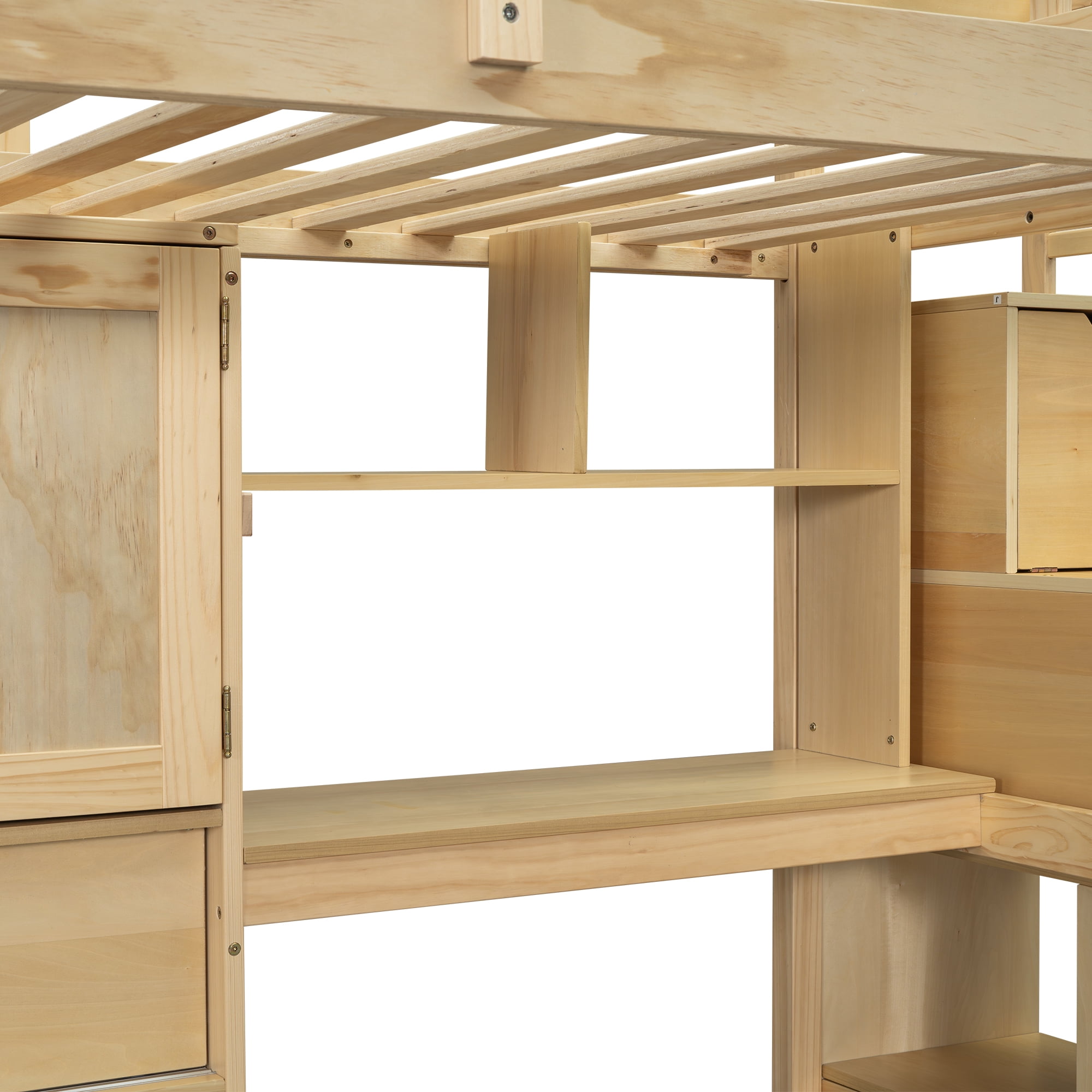 EUROCO Twin over Twin Bunk Bed with Desk and Shleves, Bookcase and Staircase for Kids Teens, Natural