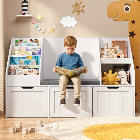 Kids Toy Storage Organizer with Seat Cushion and 3 Movable Drawers, Noelse Toddler Reading Nook and Toy Organizer with Bookshelf and Bench for Playroom, Bedroom, White, Painted