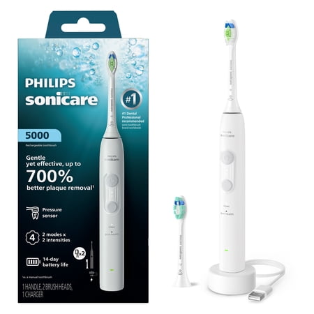 Philips Sonicare 5000 Series Electric Toothbrush - Sonic Toothbrush with Pressure Sensor  4 Brushing Settings  Easystart Feature  Smartimer & Quadpacer  14-Day Runtime  White  Model HX4042/81