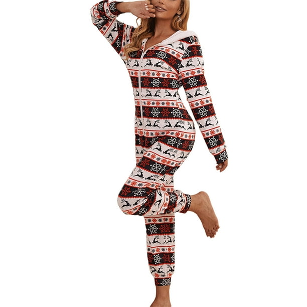 Women's Christmas Pajamas Hooded Jumpsuit Long Sleeve Playsuit Zip Up ...