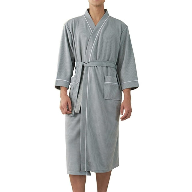 hoksml Men's Long Waffle Weave Robe Solid Color Shawl Collar Bathrobe with Belt Soft Absorbent Kimono Style Loungewear