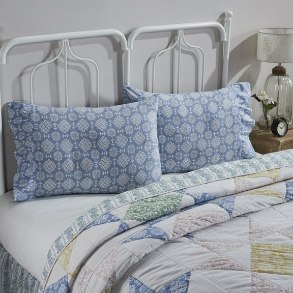 VHC Brands Jolie, Farmhouse Ruffled Pillow Cases, Standard, Floral, Blue & Green, 21x26 4, Set of 2