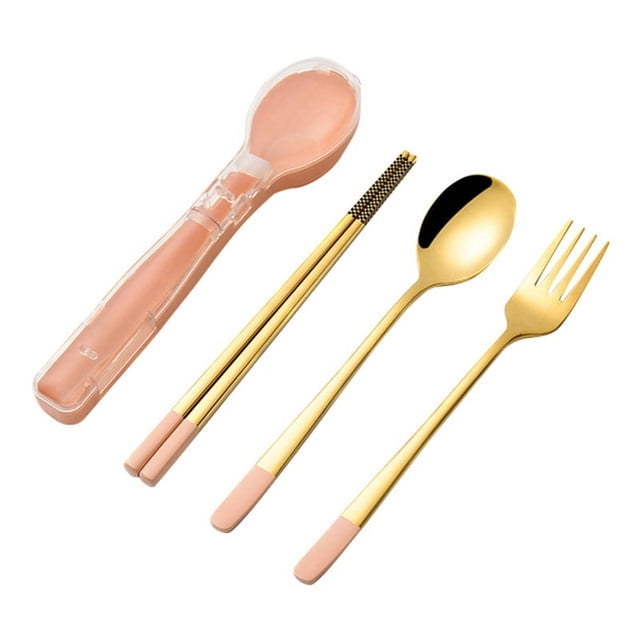 Juego de vajilla de acero inoxidable de 3 piezas, cubiertos para acampar, juegos de viaje, palillos, tenedores, cucharas, estuche para cubiertos, vajilla rosa