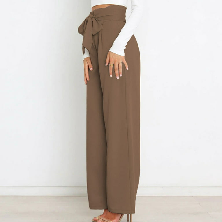 JWZUY Casual Solid High Waist Tie Front Wide Leg with Pockets Office Flowy  Pants Beige XL