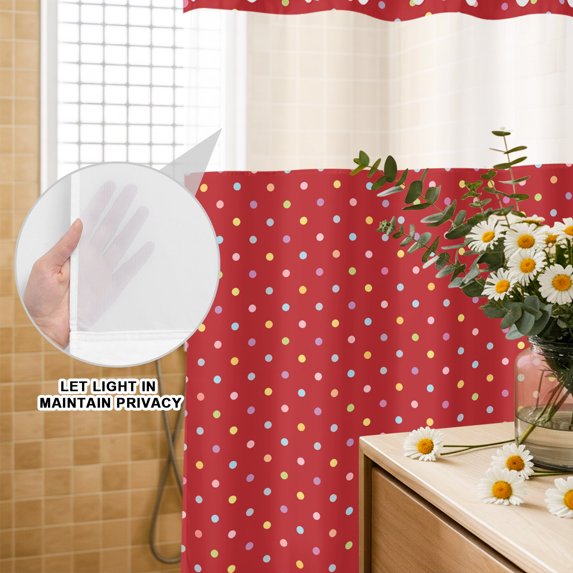 No Hook Shower Curtain, Color Polka Dot Shower Curtains for Bathroom with See Through Top Window, Modern Simple Geometric Red Waterproof & Washable Bath Curtain Standard 72"x72"