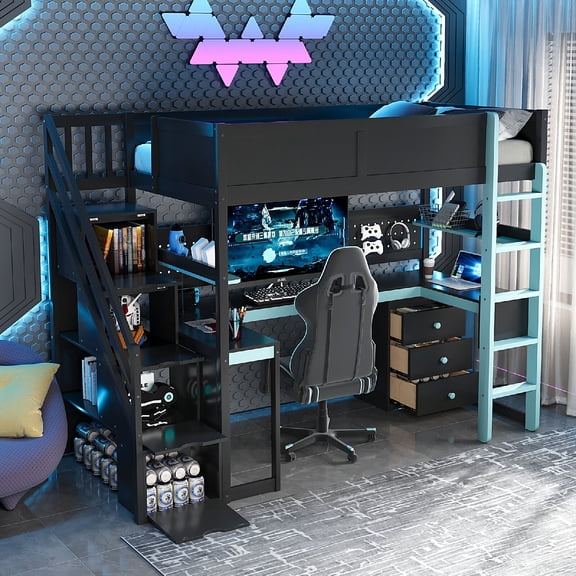 Twin Size Gaming Loft Bed Frame with Desk and Storage Stairs, Wooden Loft Bed with Shelves and Pegboard for Gamer, Space Saving for Bedroom, Apartment, Dorm, Mattress Not Included, Black   Blue