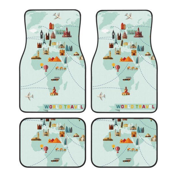 Balery World Travel Map Juego de 4 Alfombrillas para Auto, Revestimientos de Caucho Resistente, Diseño Antideslizante