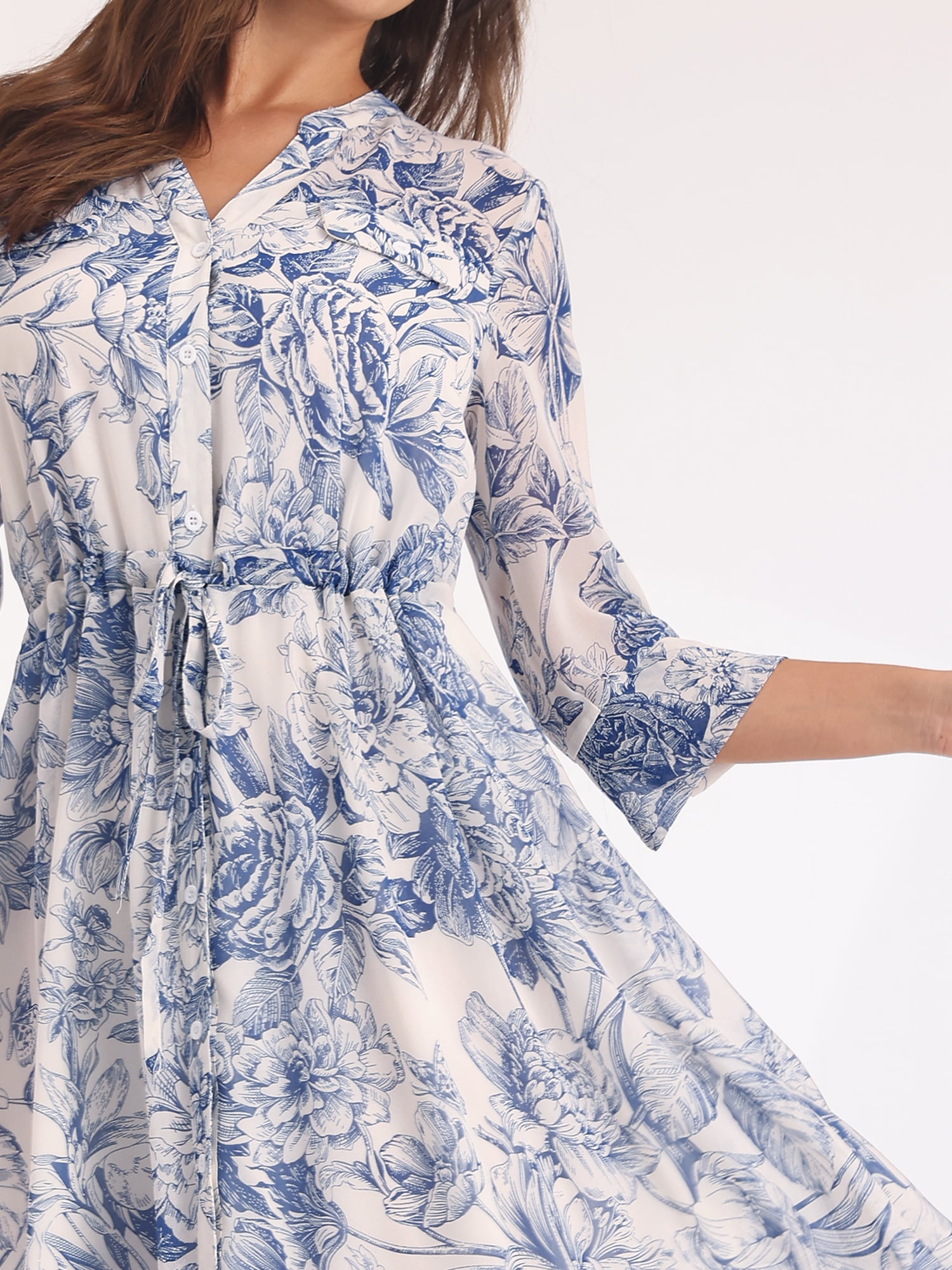 Unique Bargains Women's Floral Chiffon Half Sleeve Button Down Flare Dresses XL White