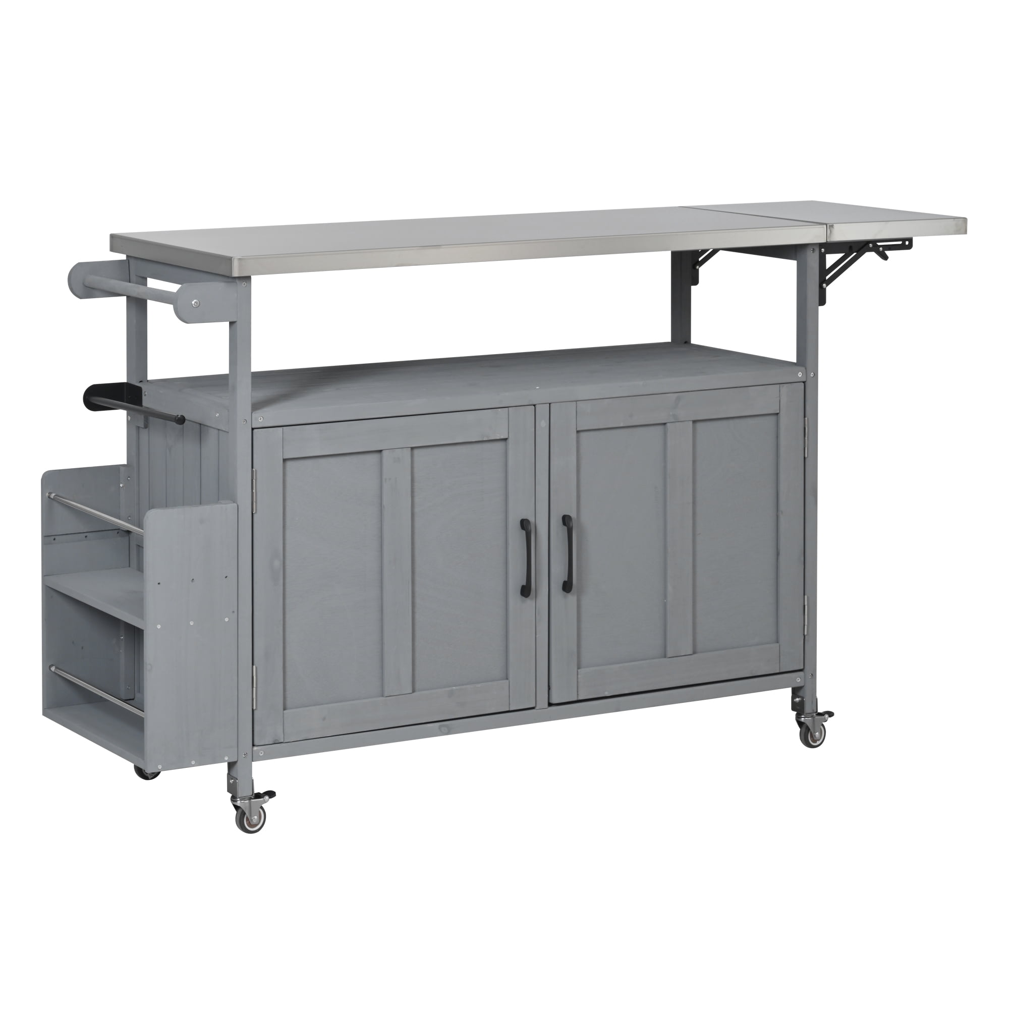 Harper & Bright Designs Outdoor Extendable Kitchen Island with Wheels, Patio Kitchen Cart with Foldable Stainless Steel Top, Portable Prep Station with Storage Cabinet and Towel Rack for Garden, Grey