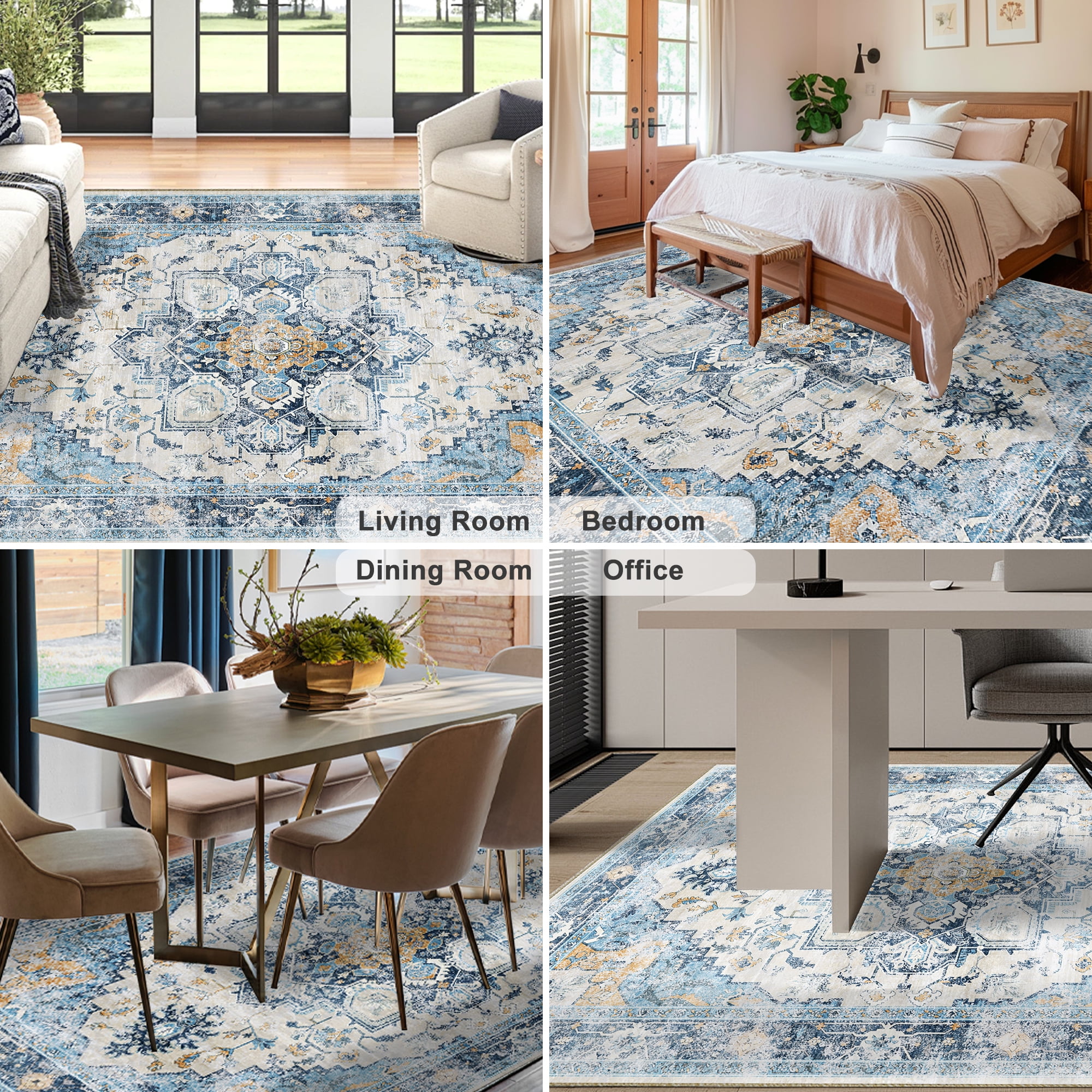 Pentantan 9'x12' Area Rugs, Washable Vintage Boho Rugs for Living Room, Modern Soft Indoor Carpet for Bedroom, Dining Room, Office, Blue
