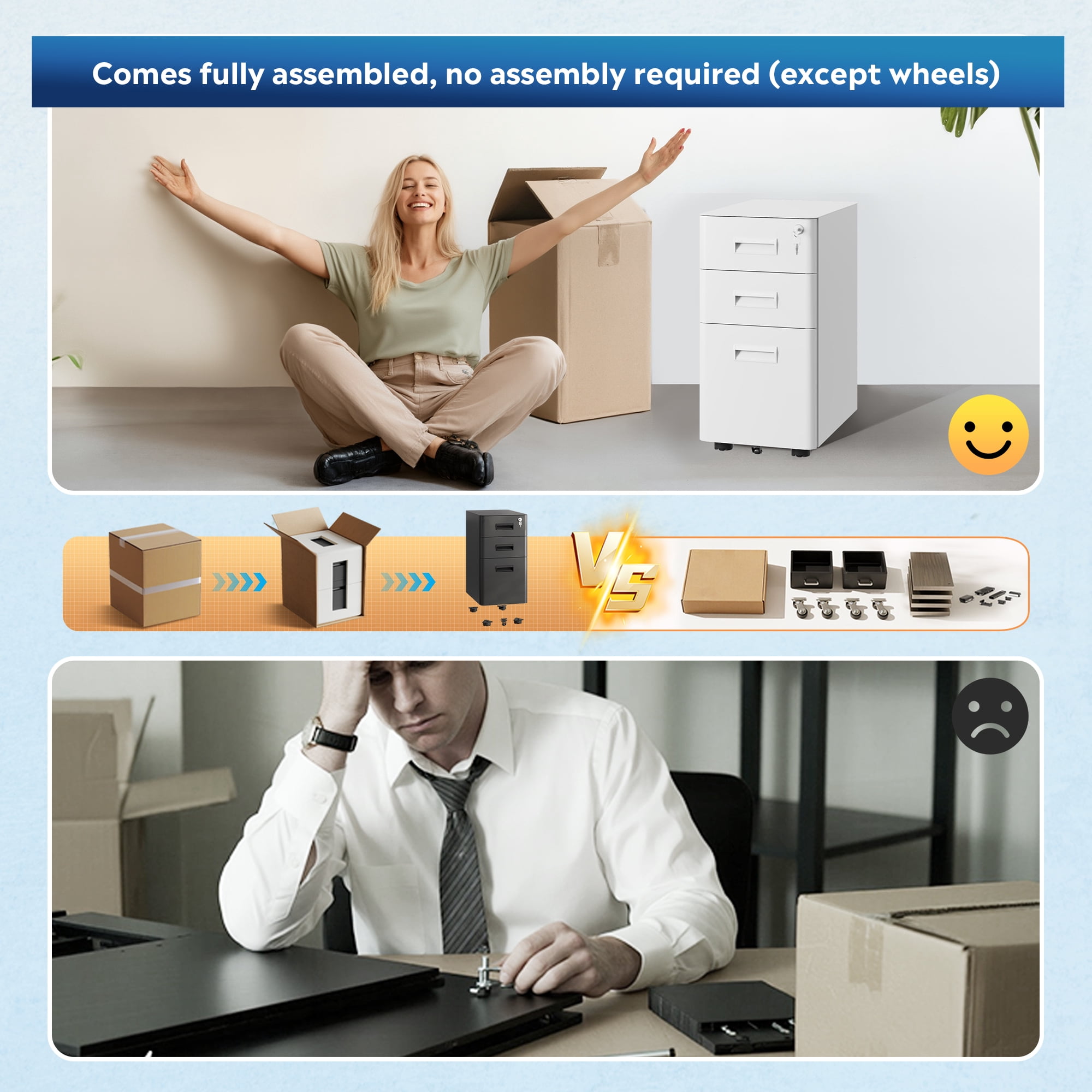 GALAXHERO 3 Drawer Metal File Cabinet with Lock, Mobile Filing Cabinet on Wheels for Home Office, Fully Assembled, Rounded Corners, Fit Legal/Letter/A4 Size, White