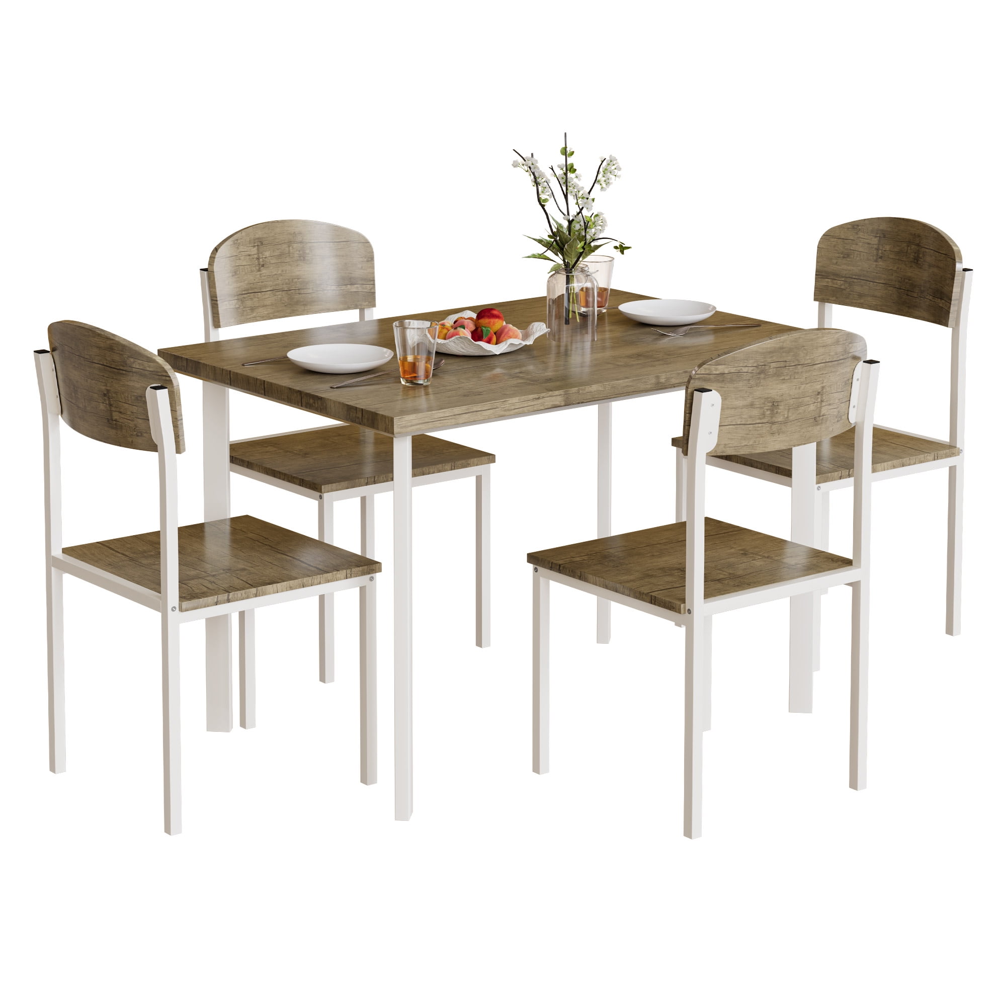 Dextrus 5 Piece Dining Set, Modern Wood Metal 42" Rectangular Table and 4 Chairs,Kitchen Breakfast Furniture-Brown