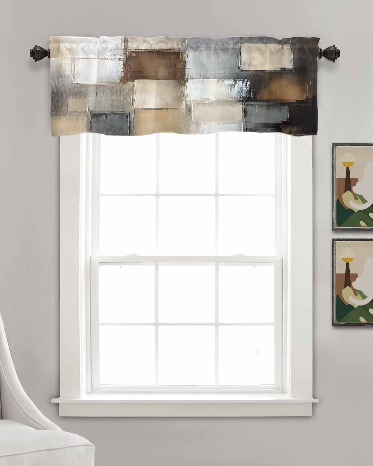 Gray Brown Kitchen Valances for Windows Farmhouse Linen Window Valance Curtain for Living Room Window Treatment Abstract Oil Painting Color Blocks Valance Rod Pocket Topper Drape, 42 x 18 Inch