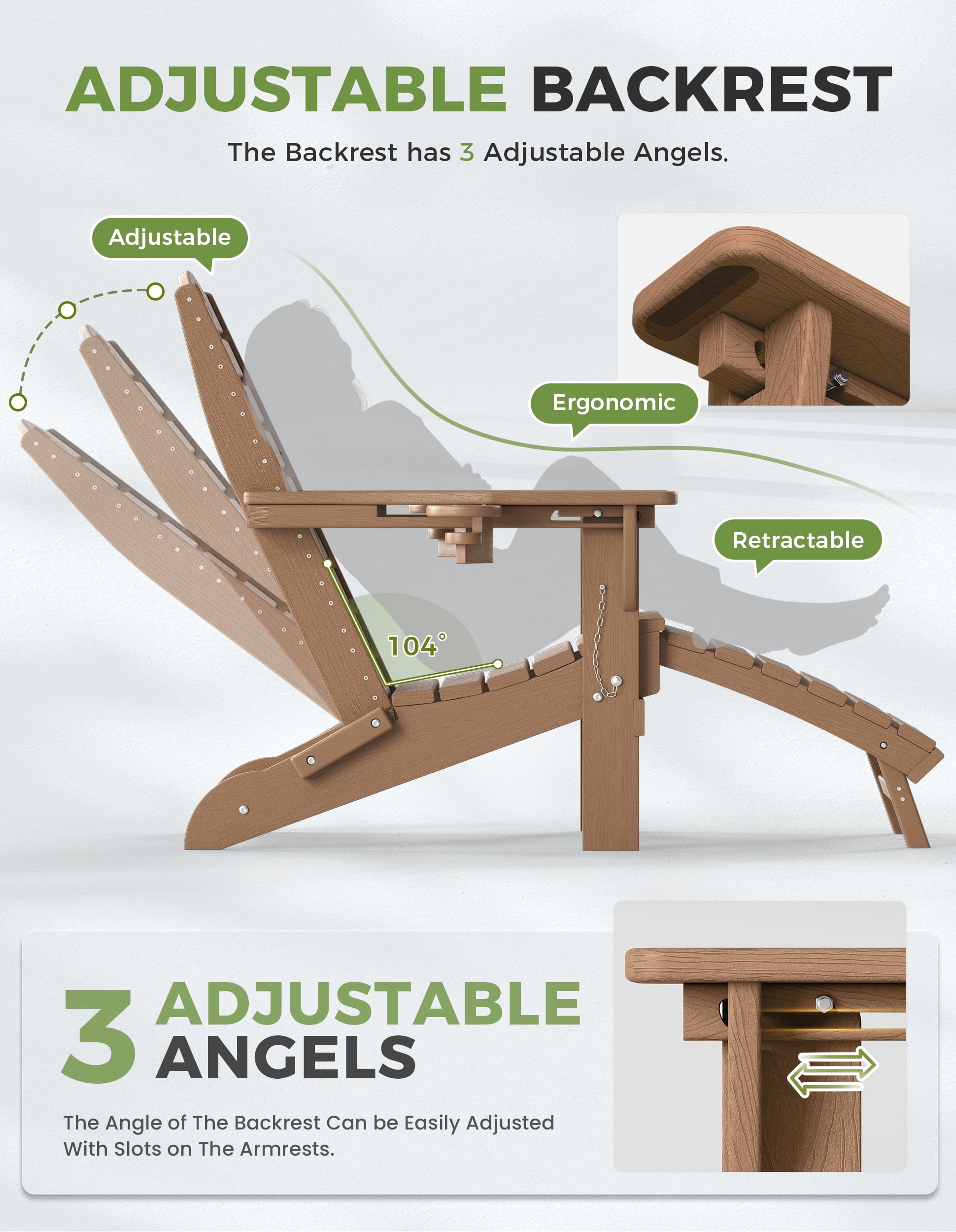 Folding Adirondack Chair with Retractable Ottoman Footrest, Wood Grain HDEP All Weather Fire Pit Chair with 2 Cup Holders for Outdoor, Classic Brown
